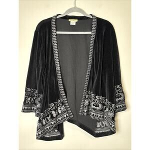 Sweet Magnolia Velvet Embroidered Open Cardigan Sz M Indie‎ Boho Folksy Eclectic